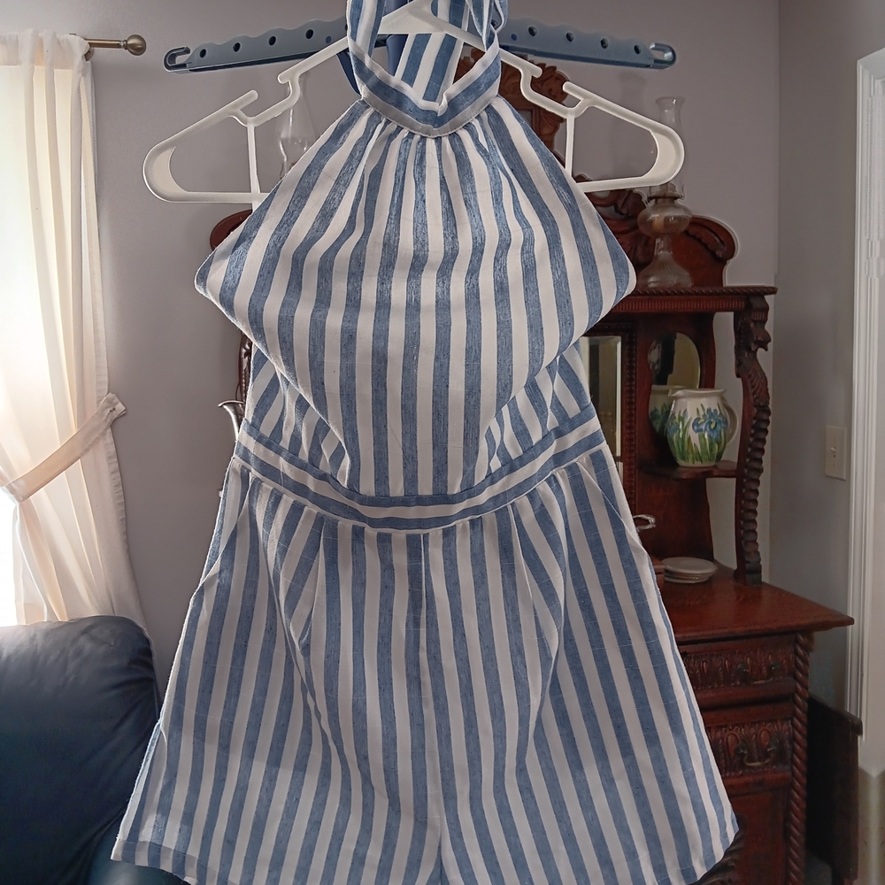 Blue and White Striped Romper